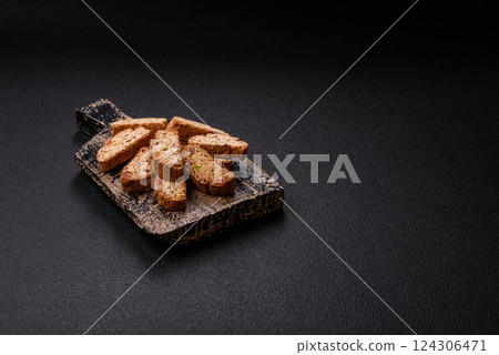 Freshly baked Italian cantuccini cookies with nuts and candied fruits 124306471
