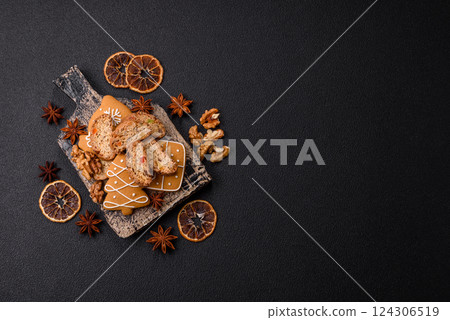 Christmas cantuccini cookies with nuts and candied fruits, gingerbread Christmas cantuccini cookies with nuts and candied fruits, gingerbread 124306519