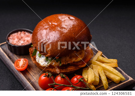 Delicious burger with beef patty, fried egg, bacon, herbs, sauce, salt and spices 124306581