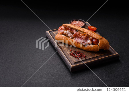 Delicious juicy hot dog with sausage, bacon, sauce, salt and spices 124306651