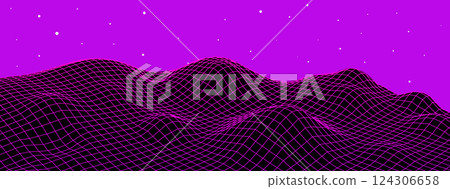 Retro digital landscape wireframe grid background. Mountain futuristic tech retro digital landscape 124306658