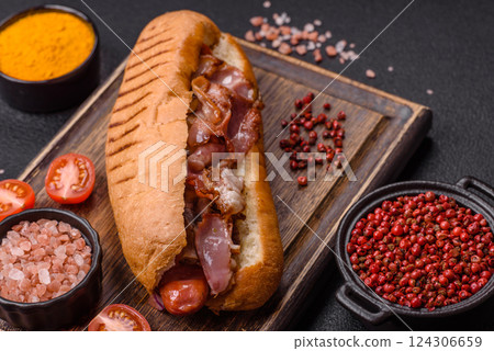 Delicious juicy hot dog with sausage, bacon, sauce, salt and spices 124306659