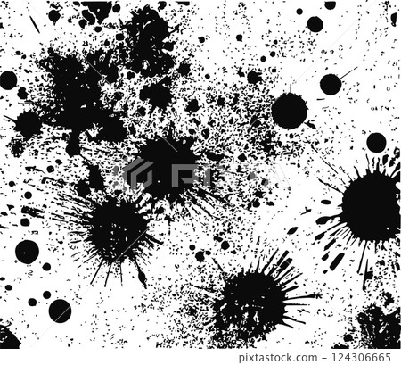 Black ink splatter texture with grunge abstract paint drops on white background 124306665