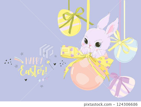 Happy Easter Greeting Card with Cute White Bunny and Easter Eggs Happy Easter Greeting Card with Cute White Bunny and Easter Eggs 124306686