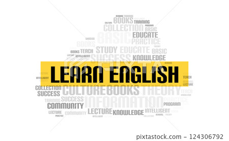 Learn English text with education related word cloud on white background, concept of language study 124306792