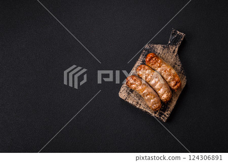 Juicy chicken or pork sausages with salt and spices Juicy chicken or pork sausages with salt and spices 124306891