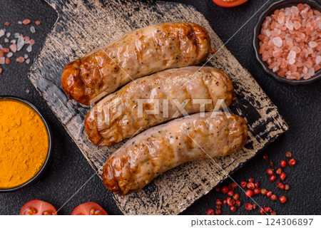 Juicy chicken or pork sausages with salt and spices Juicy chicken or pork sausages with salt and spices 124306897