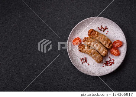 Juicy chicken or pork sausages with salt and spices Juicy chicken or pork sausages with salt and spices 124306917