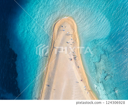Aerial view of blue sea and amazing Zlatni Rat, Brac, Croatia 124306928