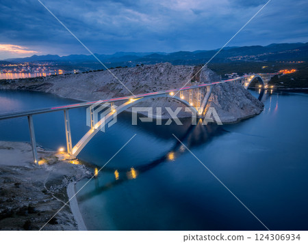 Bridge over the sea at sunset. Aerial view of modern Krk bridge 124306934