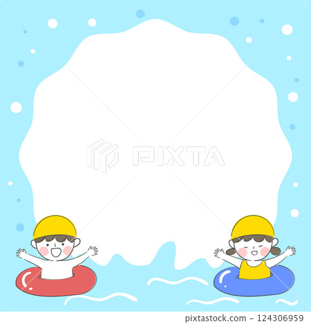 A drawing of children playing in the water and frame design 124306959