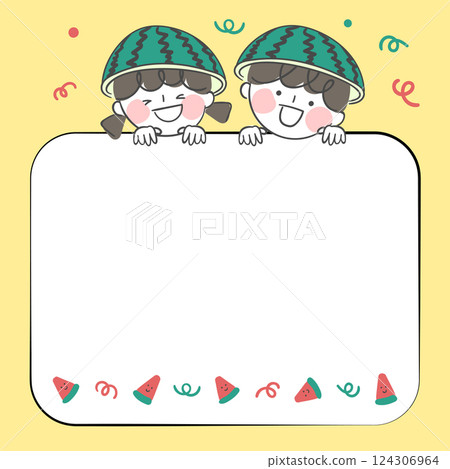 Illustration of children with watermelon hat and frame design 124306964
