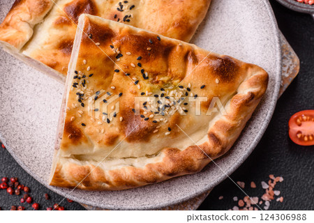 Cheburek meat pastry pie with herbs on the concrete background 124306988