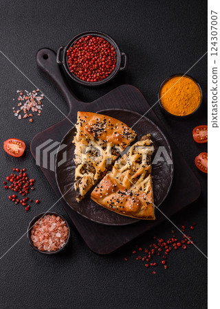 French quiche with chicken or salmon, cheese, salt, spices and herbs French quiche with chicken or salmon, cheese, salt, spices and herbs 124307007