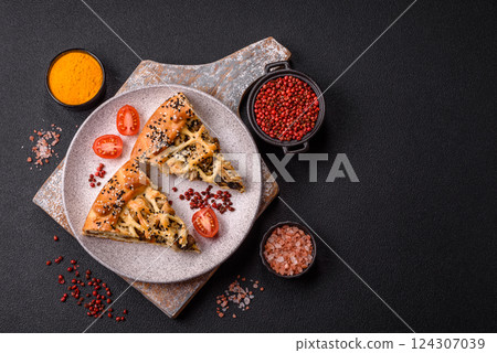 French quiche with chicken or salmon, cheese, salt, spices and herbs French quiche with chicken or salmon, cheese, salt, spices and herbs 124307039