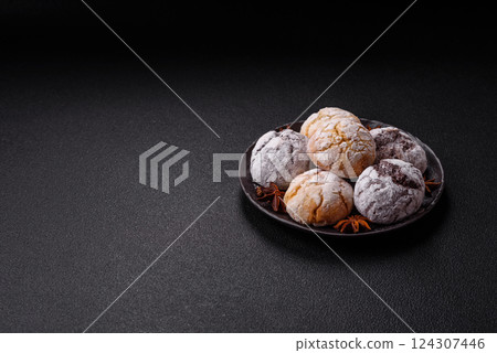 Sweet freshly baked round cookies of several types 124307446