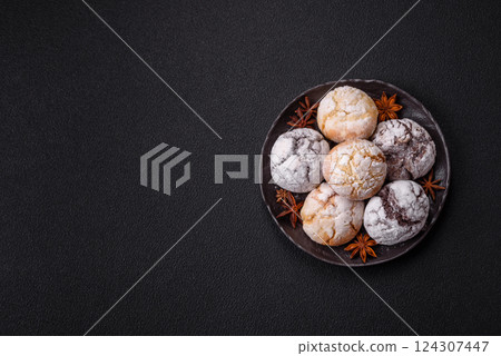 Sweet freshly baked round cookies of several types 124307447