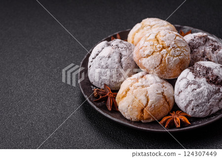 Sweet freshly baked round cookies of several types Sweet freshly baked round cookies of several types 124307449