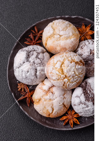 Sweet freshly baked round cookies of several types 124307451