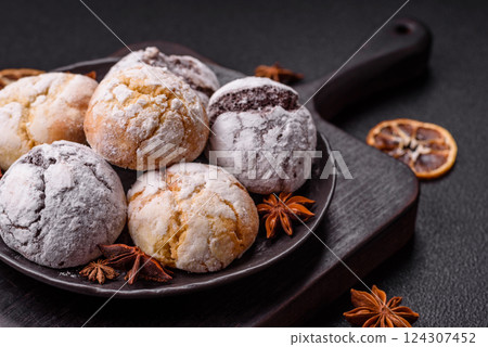 Sweet freshly baked round cookies of several types 124307452