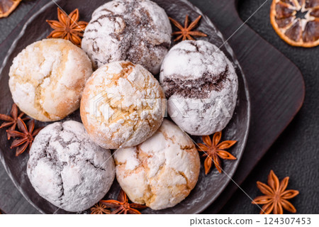 Sweet freshly baked round cookies of several types 124307453