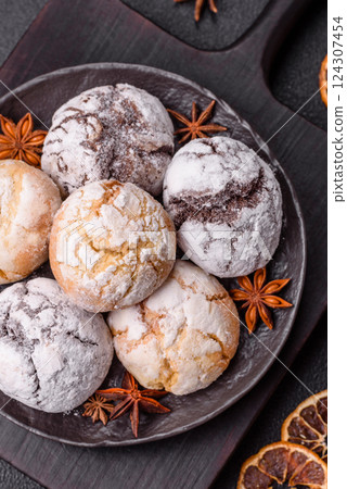 Sweet freshly baked round cookies of several types Sweet freshly baked round cookies of several types 124307454