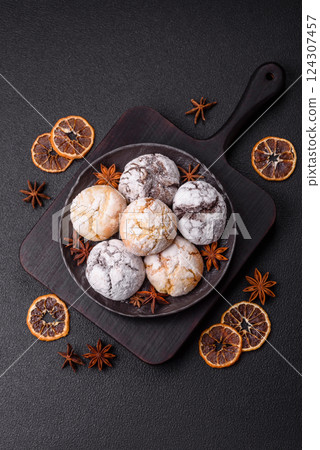 Sweet freshly baked round cookies of several types Sweet freshly baked round cookies of several types 124307457