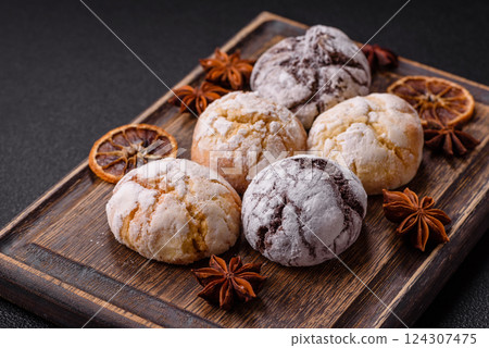 Sweet freshly baked round cookies of several types Sweet freshly baked round cookies of several types 124307475