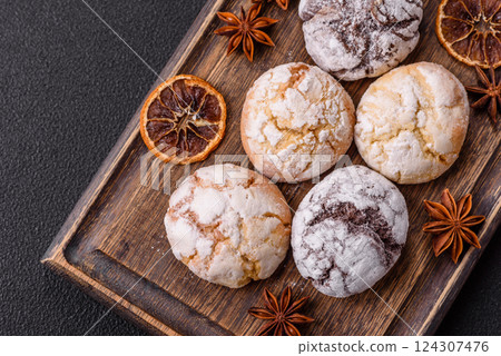 Sweet freshly baked round cookies of several types Sweet freshly baked round cookies of several types 124307476