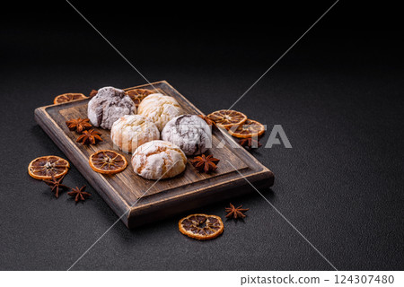 Sweet freshly baked round cookies of several types 124307480