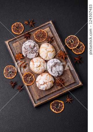 Sweet freshly baked round cookies of several types Sweet freshly baked round cookies of several types 124307483