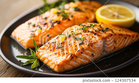 Grilled Salmon Fillets with Lemon and Fresh Herbs 124307534