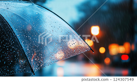 Transparent umbrella in rain with city lights at night 124307549