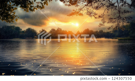 Sunset over lake with rain and trees 124307550