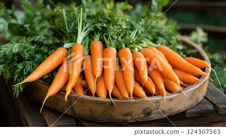 Fresh Carrots with Green Tops in Wooden Bowl 124307563