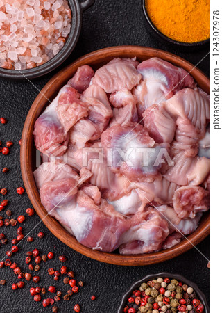 Raw chicken or turkey stomach with salt, spices and herbs Raw chicken or turkey stomach with salt, spices and herbs 124307978