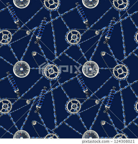 Seamless pattern drive roller chain and shock absorber, abstract blue lines with speedometer. Watercolor Illustration dark blue background. Moto equipment. Print product for motorcycle stores Seamless pattern drive roller chain and shock absorber, abstract blue lines with speedometer. Watercolor Illustration dark blue background. Moto equipment. Print product for motorcycle stores 124308021