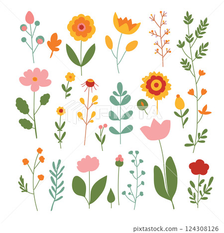 Hand-drawn collection of bright flowers on a white background. Vector floral elements. Hand-drawn collection of bright flowers on a white background. Vector floral elements. 124308126
