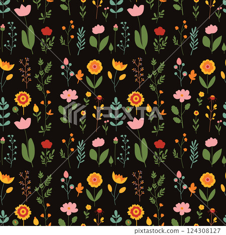 Seamless floral pattern. Colorful background in trendy minimalist style with herbal elements and gentle flowers. Seamless floral pattern. Colorful background in trendy minimalist style with herbal elements and gentle flowers. 124308127