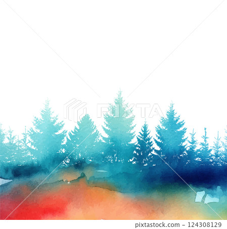 Watercolor Christmas trees at sunset. hand drawing. Not AI Vector illustration Watercolor Christmas trees at sunset. hand drawing. Not AI Vector illustration 124308129