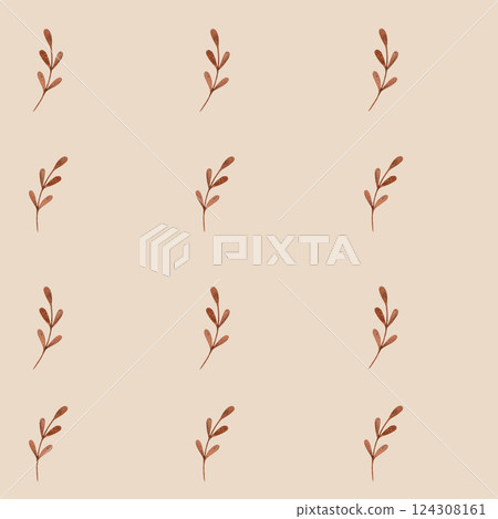 Childrens cute seamless pattern with brown sprigs. Handmade watercolor illustration on beige background. For design, background, textile 124308161