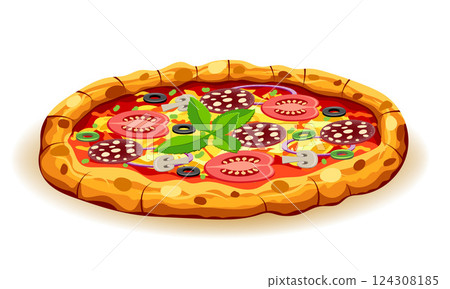 crispy pizza freshly baked with sausage, tomatoes, olives, mushrooms and cheese vector illustration crispy pizza freshly baked with sausage, tomatoes, olives, mushrooms and cheese vector illustration 124308185