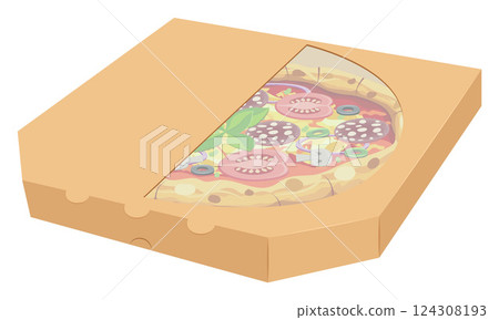 crispy pizza in cardboard box freshly baked with sausage, tomatoes, olives, mushrooms and cheese vector illustration crispy pizza in cardboard box freshly baked with sausage, tomatoes, olives, mushrooms and cheese vector illustration 124308193