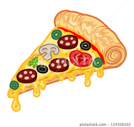 crispy pizza slice cut freshly baked with sausage, tomatoes, olives, mushrooms and cheese vector illustration 124308202