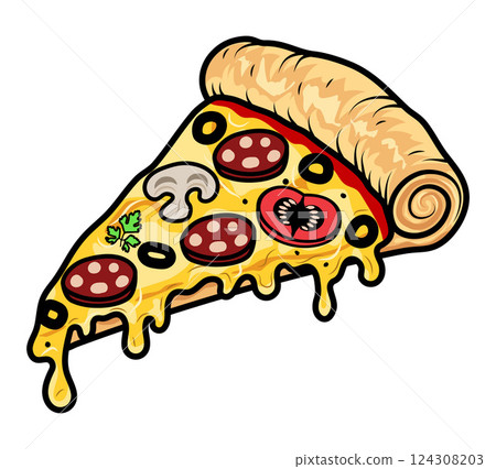 crispy pizza slice cut freshly baked with sausage, tomatoes, olives, mushrooms and cheese vector illustration crispy pizza slice cut freshly baked with sausage, tomatoes, olives, mushrooms and cheese vector illustration 124308203