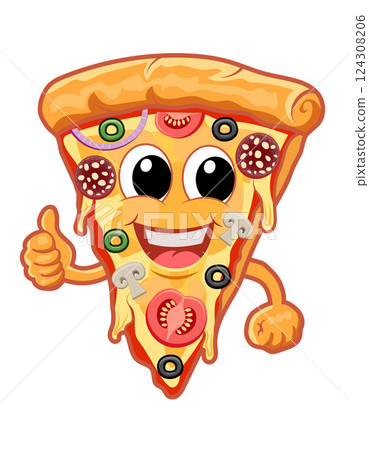 crispy pizza slice cut freshly baked with sausage, tomatoes, olives, mushrooms and cheese vector illustration 124308206