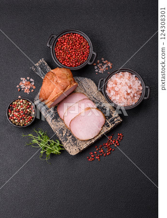 Meat, smoked, ham sliced with salt, spices and herbs Meat, smoked, ham sliced with salt, spices and herbs 124308301