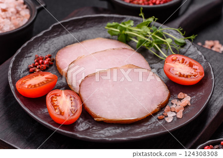 Meat, smoked, ham sliced with salt, spices and herbs Meat, smoked, ham sliced with salt, spices and herbs 124308308