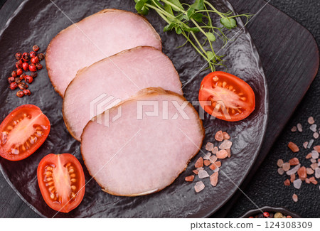 Meat, smoked, ham sliced with salt, spices and herbs Meat, smoked, ham sliced with salt, spices and herbs 124308309