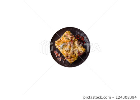 Shepherd's pie with potatoes, meat, vegetables, salt, spices and herbs Shepherd's pie with potatoes, meat, vegetables, salt, spices and herbs 124308394